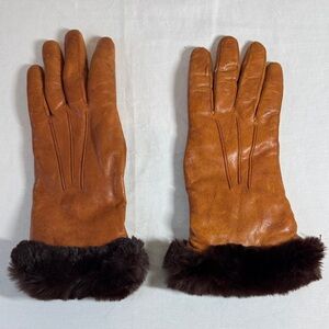 Vintage Lazarus Department Store Brown Leather Gloves with Fur Trim.